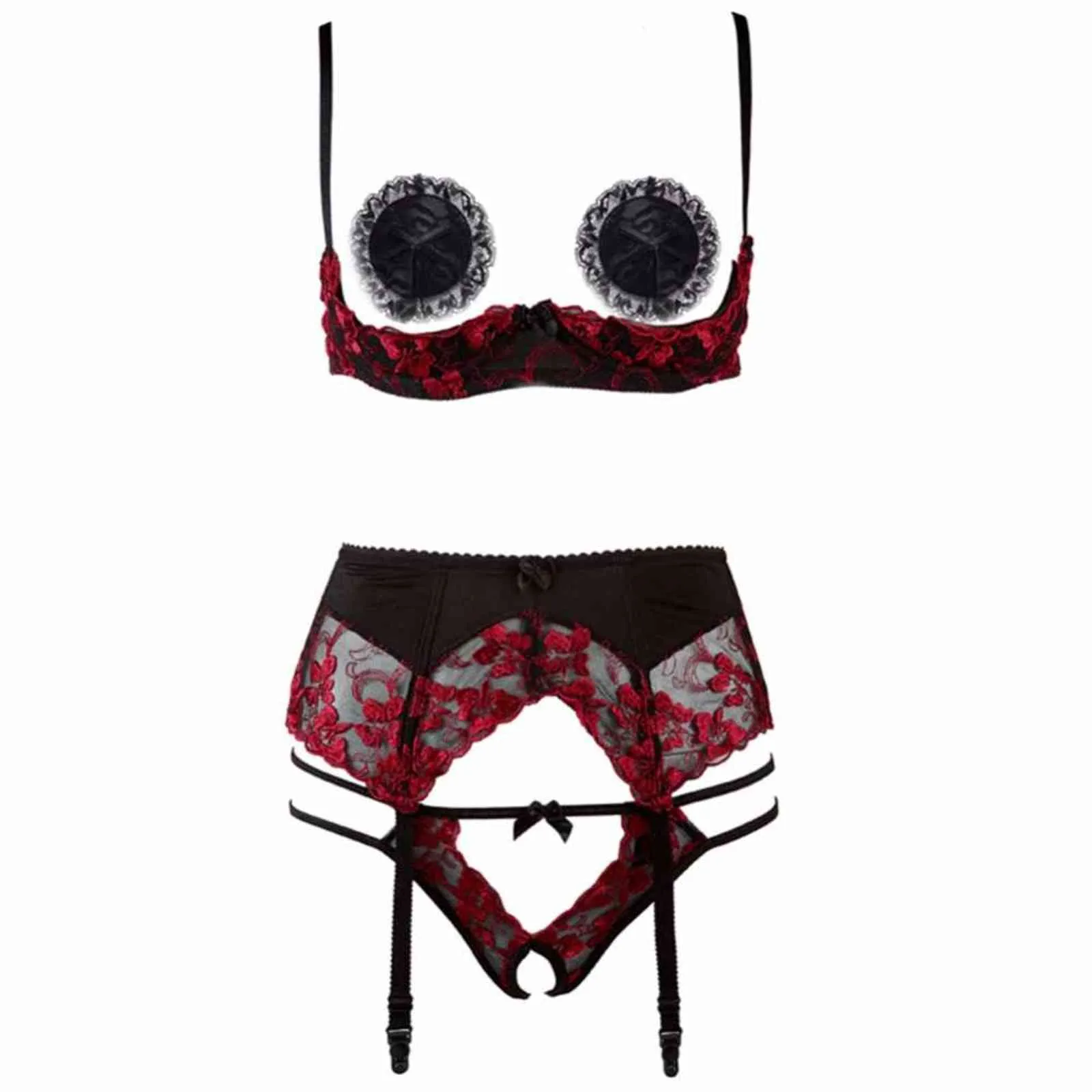 Sexy-Underwear-Black-Velvet-Gold-Embroidered-Lace-Open-Chest-Garter-Thong-Underwire-Cupless-Bra-Lingerie-Suspenders