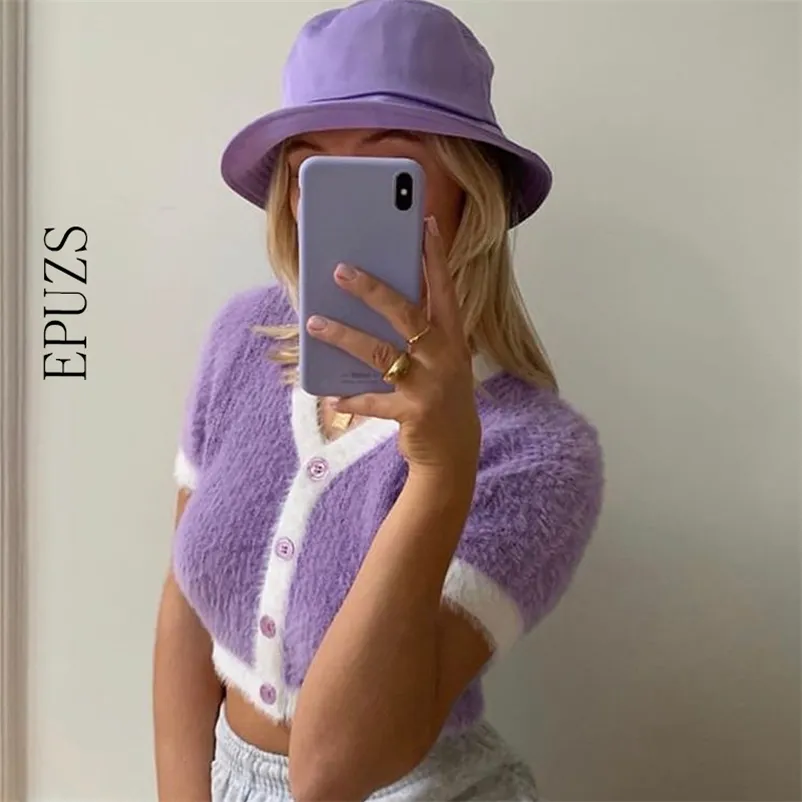 Spring Korean sweater women vintage pink cardigan knitted cute punk crop knit korean cardigans purple 210521