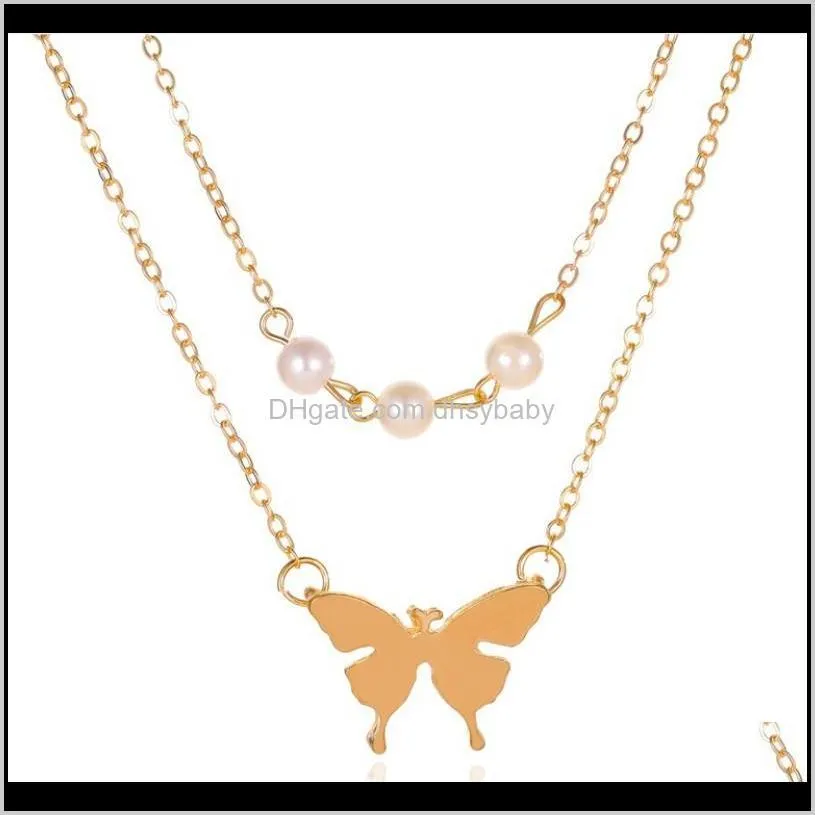 small  pearl double layer necklace simple artistic butterfly pendant clavicle chain