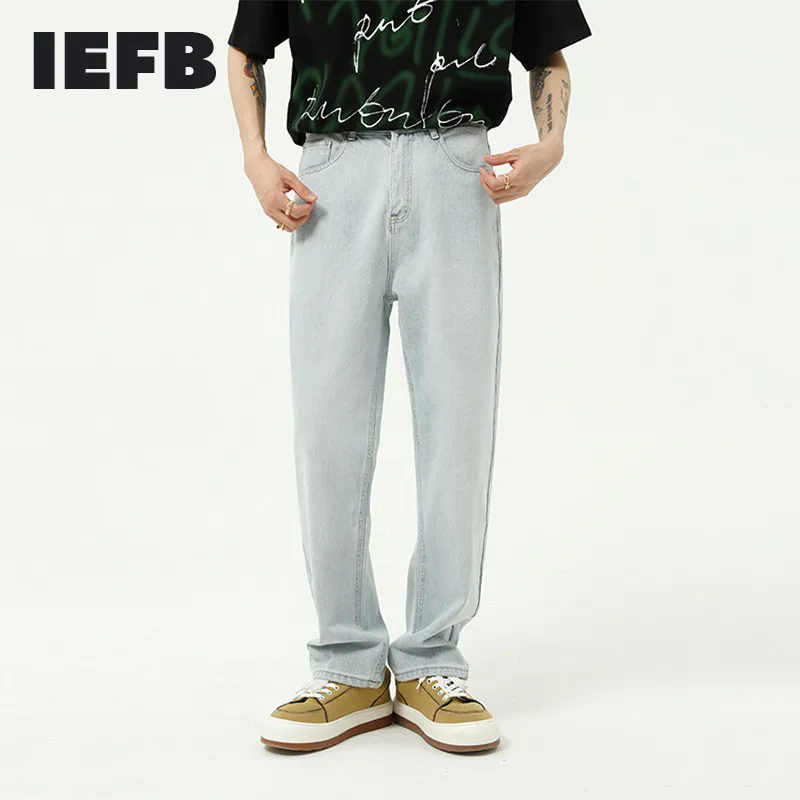 IEFB Men's Clothing Summer Light Blue Wash Vintage Jeans Basic Simple Denim Slim Pants 9Y6161 210524