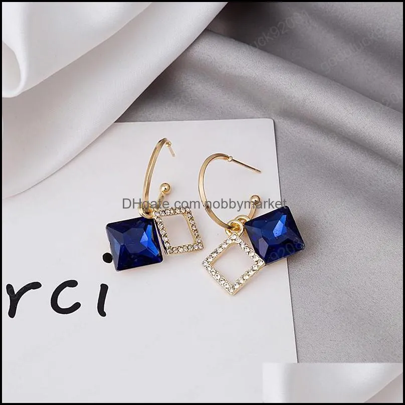 925 silver needle earring Korean temperament super flash diamond square blue crystal earrings thin C-shaped earrings studs for women