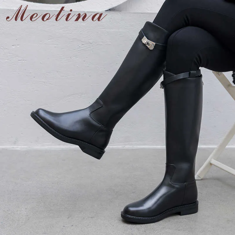 Meotina Stivali da equitazione autunnali Donna Stivali alti al ginocchio piatti in vera pelle naturale Cerniera Punta tonda Scarpe alte Donna Inverno Taglia 42 210608