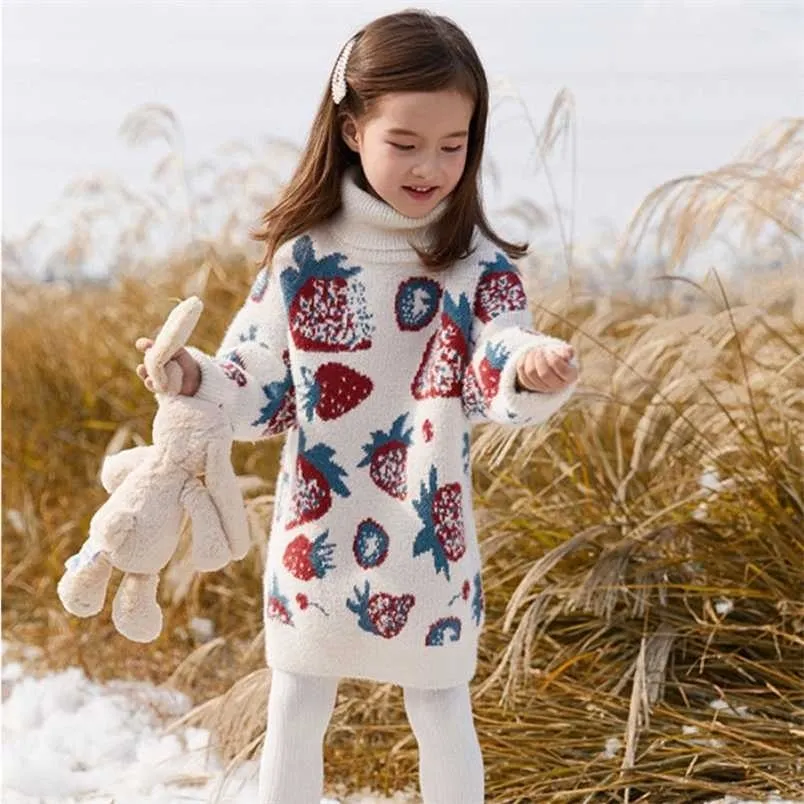 Fall vinter barn kläder tjejer lång tröja barn stickade tröjor söta ytterkläder baby flicka pullovers ålder 2-12 år 211201