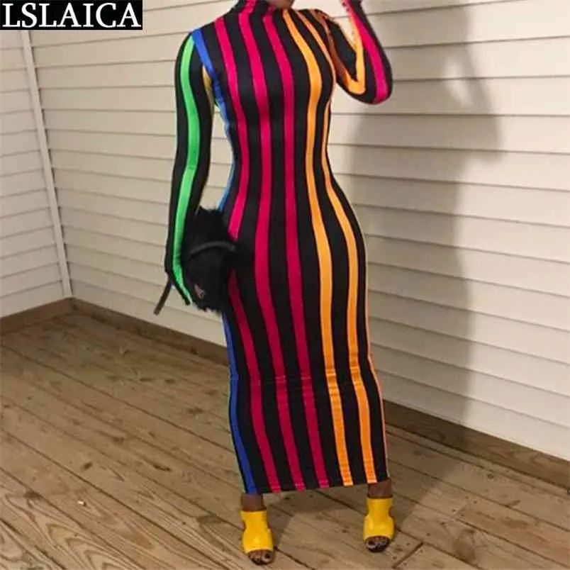 Col roulé coloré rayé Maxi robe femmes automne mode manches longues taille haute maigre streetwear sexy club 210515