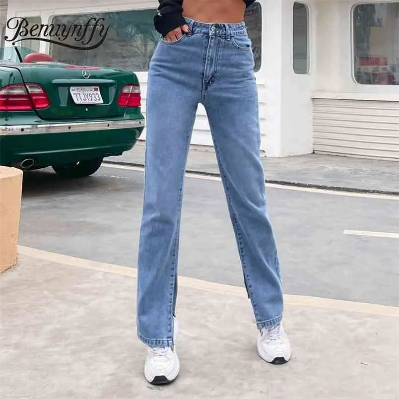 Button Fly Side Split Straight Jeans Women Spring and Autumn Wash Long Denim Pants Casual Ladies High Waist 210510