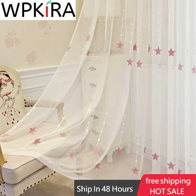 Pink Embroidered Star Voile Curtain For Kid Girls Bedroom Sheer Curtain For Living room Kitchen Window Drapes Korean Tulle P3093 210712