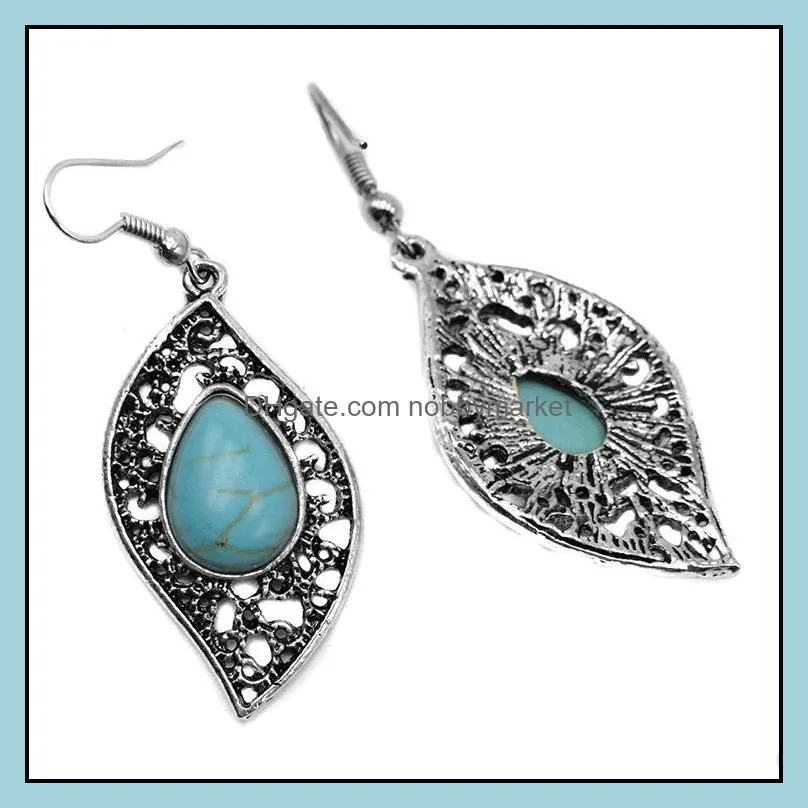 Fashion Turquoise jewelry necklace earrings set Antique Silver leaves Turquoise Pendant necklaces+earring jewelry 2pcs Set for women