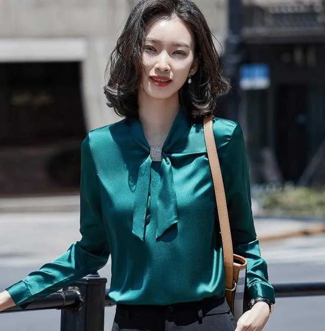 Retro Green Bow Satin Shirt Women For Women Elegant Long Sleeve