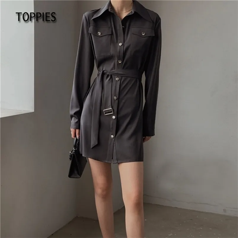 Bahar Uzun Kollu Düğme Gömlek Elbise Kadın Mini Sıra Yaka Streetwear 210421