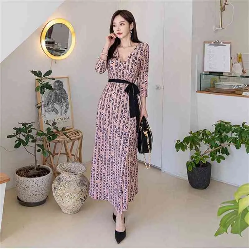 Casual Women Wrap Dress Floral Print Long Ladies Elegant V-neck 3/4 Sleeve Sash Bowtie A-line Vintage Beach Maxi 210603