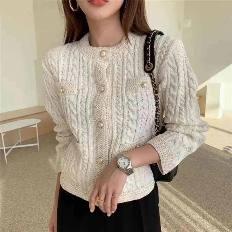 Pearl Buttons Long Sleeve Single-breasted Fashion Ladies Cardigans Autumn Korean Elegant Vintage Women Cardigans Sweaters 210515