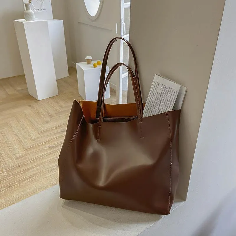 Sacs fourre-tout en cuir de haute qualité pour femmes minimaliste Singl épaule grande capacité sac à provisions couleur unie sac à main bandoulière