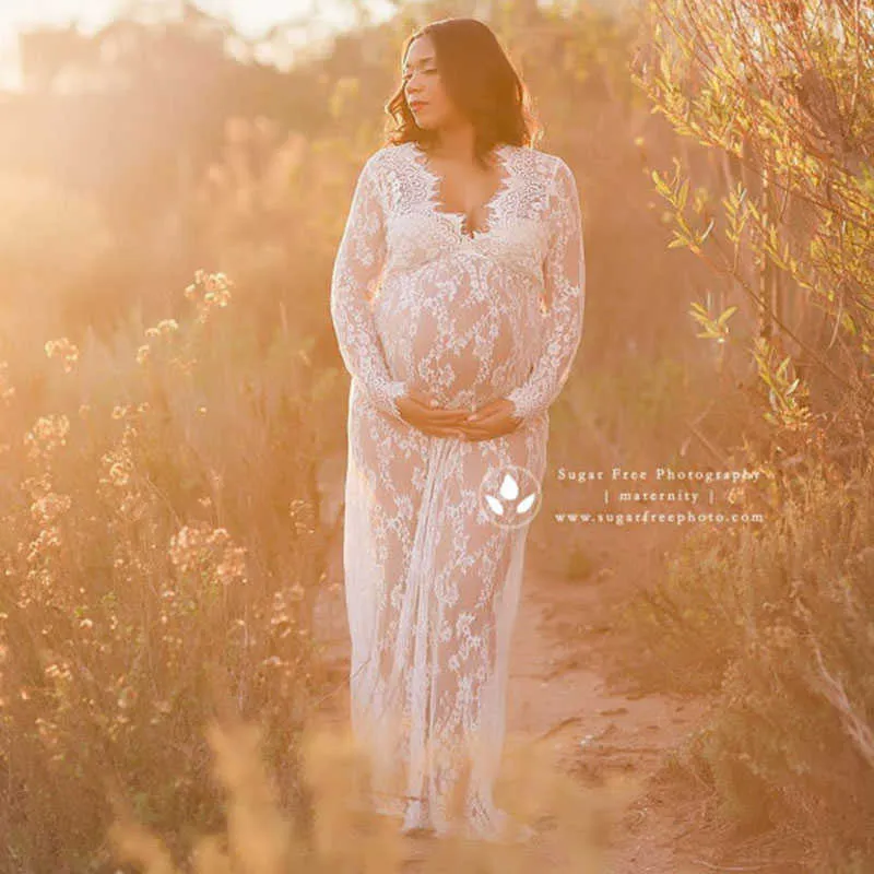 Pregnancy Dress for PhotoShoot Maternity Photography Sexy V Neck Lace Maxi Gown Dress Plus Size Pregnant Women Baby Shower Cloth Q0713