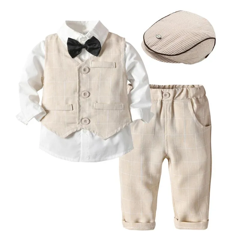 Zestawy odzieżowe Toddler Khaki Ubrania Zestaw 1-5 Y Kids Boys Bawełniane Garnitury Paski Kamizelka + Koszulki Spodnie 3 Sztuk Długie Rękaw Outfits Dzieci Odzieży