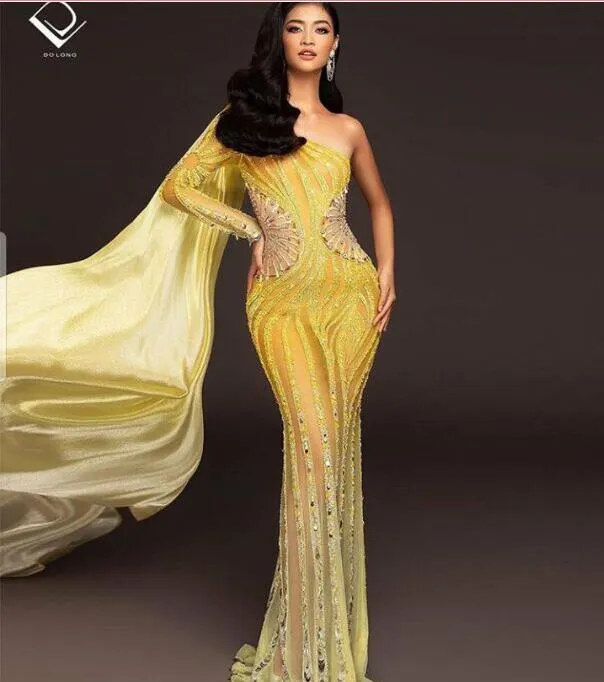 Vestido de novia Vestido de noche Mujer Funda de tela Sirena Yousef aljasmi Vestido de mujer Kim kardashian Un hombro Amarillo Con capa