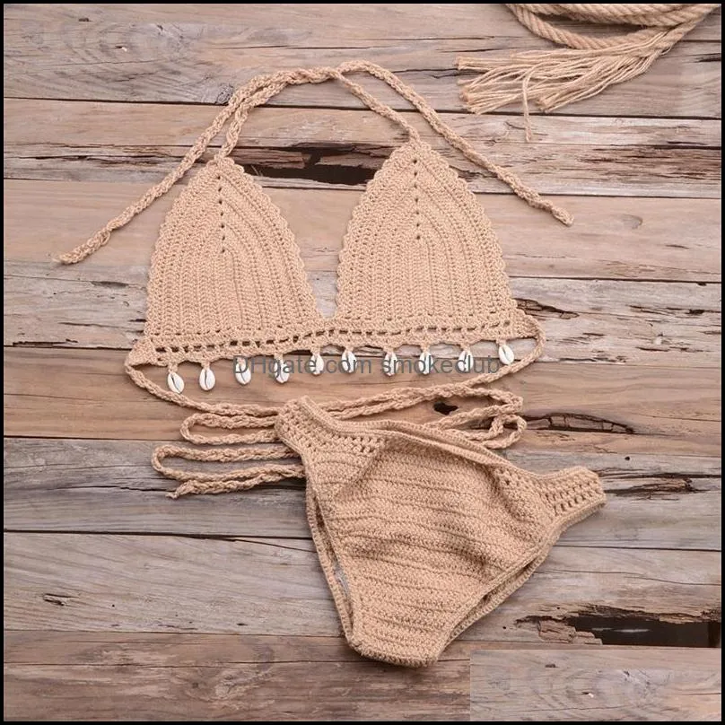 3pcs Bikini Set Woman Crochet Shell Tassel Bikini Top And Seashell Ankle Chain Sexy Thong Hollow-out Low Waist Bikini Bottom 895 Z2