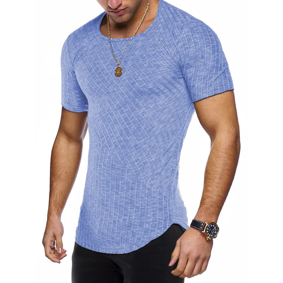 8 Farben Sommer-Herren-Kurzarmhemd, lässiges Heim-Rundhalsausschnitt, gestreift, elastisch, einfarbig, Slim-Fit-Hemd aus Baumwolle