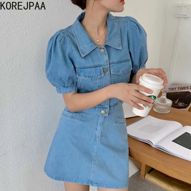 Korejpaa Kobiety Zestawy Lato Koreański Chic Francuski Retro Lapel Pojedynczy Koszula Rękaw Puffowy Wysoka talia A-Line Denim Spódnice 210526