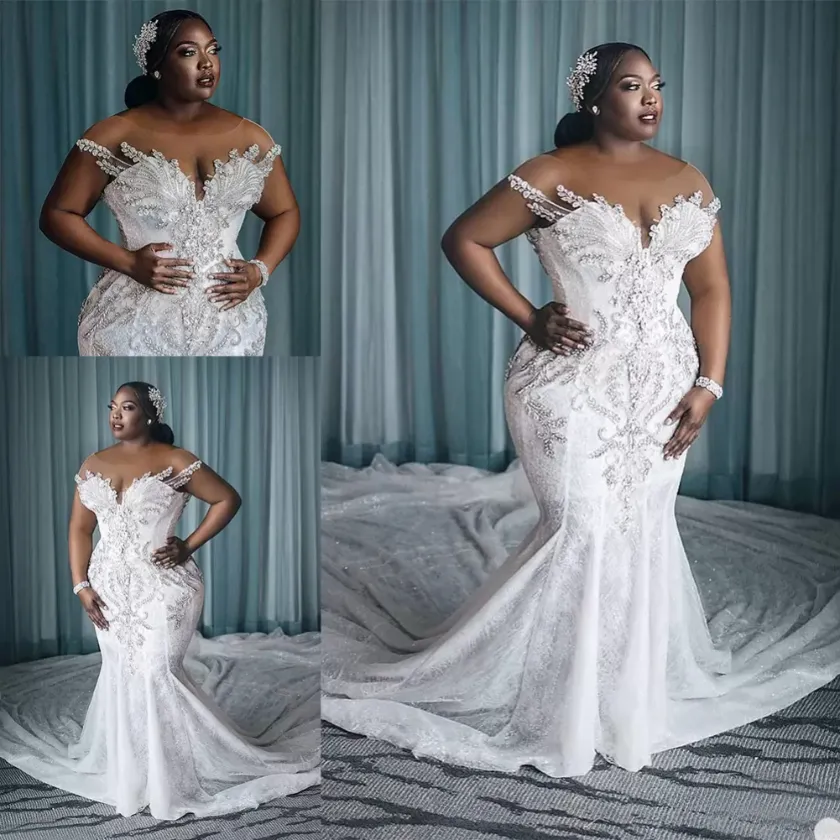 Abito da sposa capodanno Plus Size Vestido De Novia Abiti da sposa a sirena in cristallo africano con scollo a barchetta lungo Abiti da sposa su misura