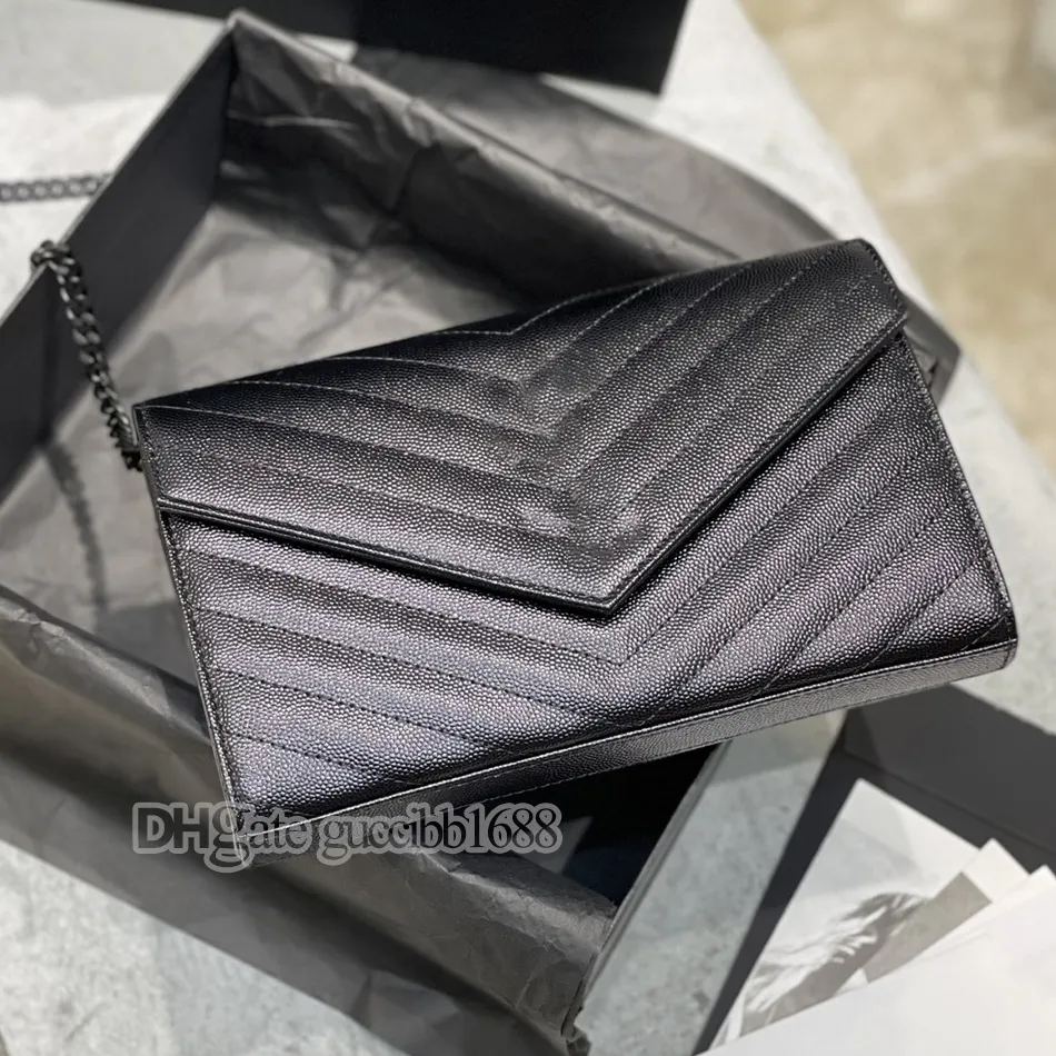 Portafoglio di design in pelle di vitello caviale chevron trapuntato busta nera borsa a busta in vera pelle di alta qualità porta carte di credito di lusso piccola pochette a catena rimovibile 22 cm