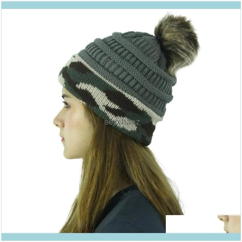 Beanies Winter Cap Women Hat Camouflage Stitching Outdoor Plush Ball Hats Crochet Knit Beanie Cap Beanie Hat Muts