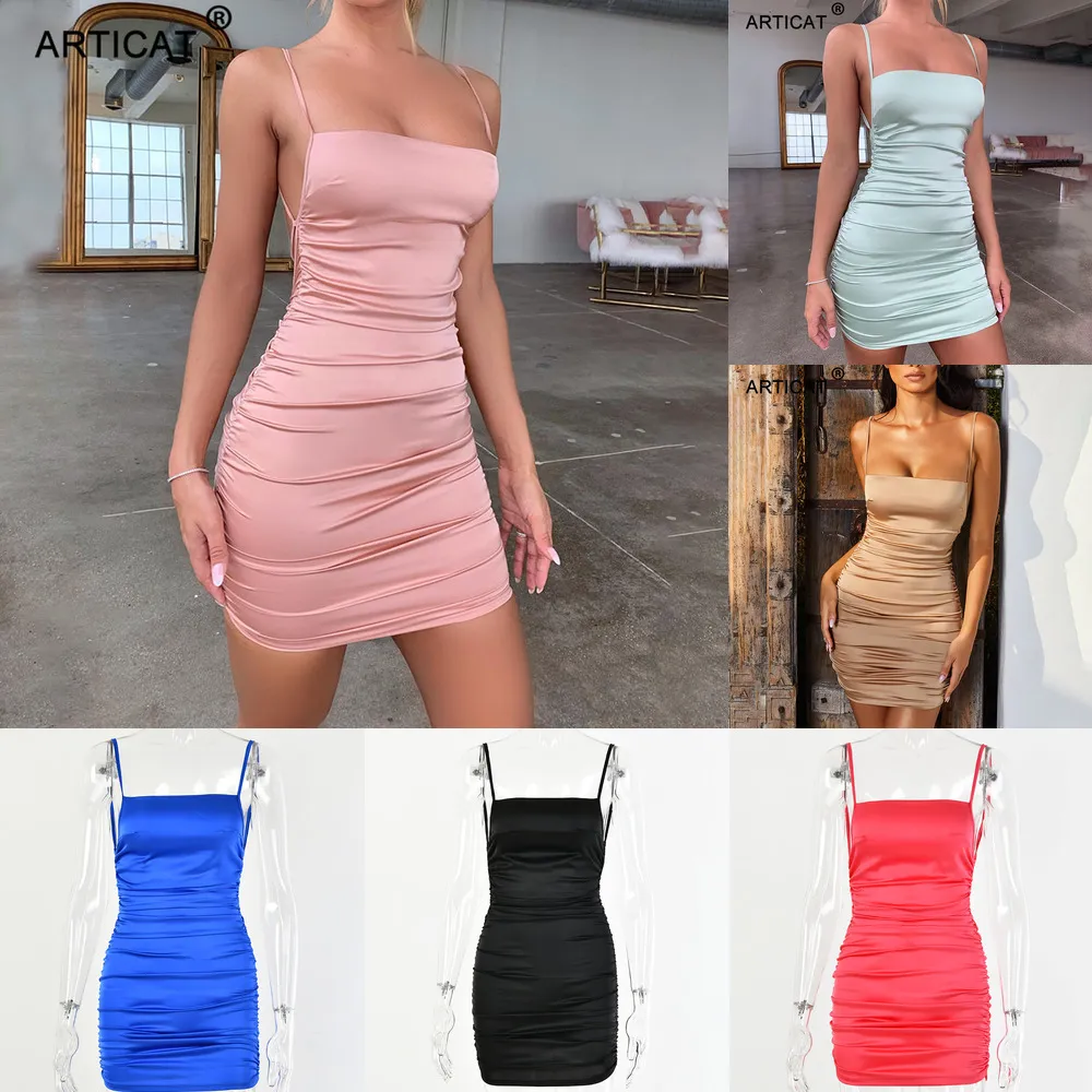 Articat Spaghetti Strap Mini Satin Dress Women Sexy Backless Cross Bandage Bodycon Party Dress Pleated Stretch Short Club Dress X0521