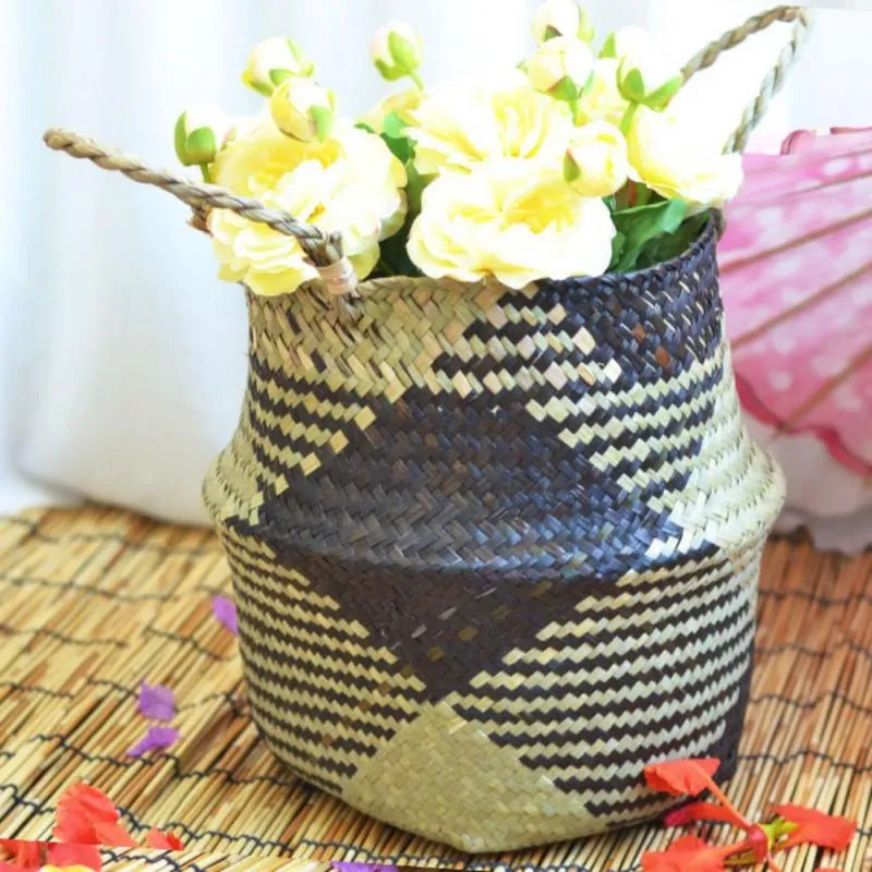 Folding Wickerwork Storage Basket Garden Pot Toys Clothes Sundries Dried Flower Baskets