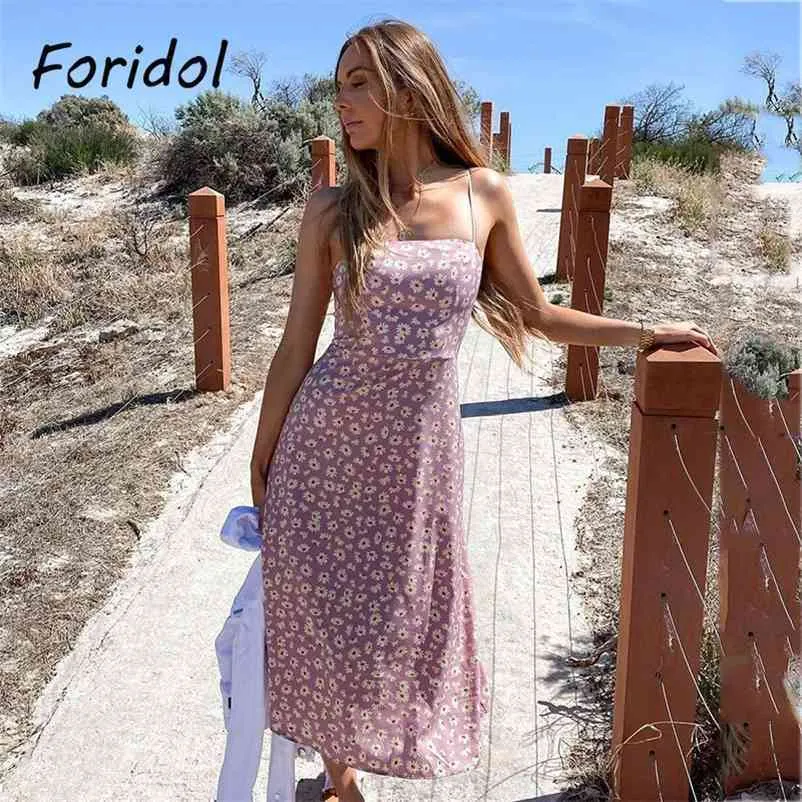 Foridol Daisy Print Green Summer Dress Women Strap Lace Up Slit Maxi Long Boho A-Line Beach Australia 210415