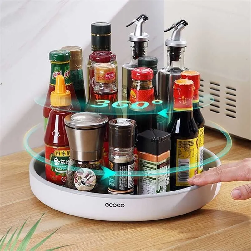 360 Rotating Spice Rack Organizer Seasoning Holder Kitchen Storage Tray Lazy Susans Home Supplies for Bathroom, Cabinets 211215