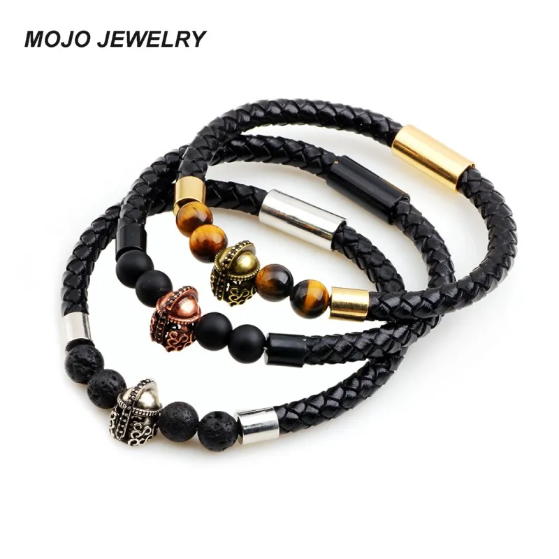 High Quality Micro Pave Copper Helmet Charm Genuine Leather Bracelet 8 MM Agate Beads Bracelets