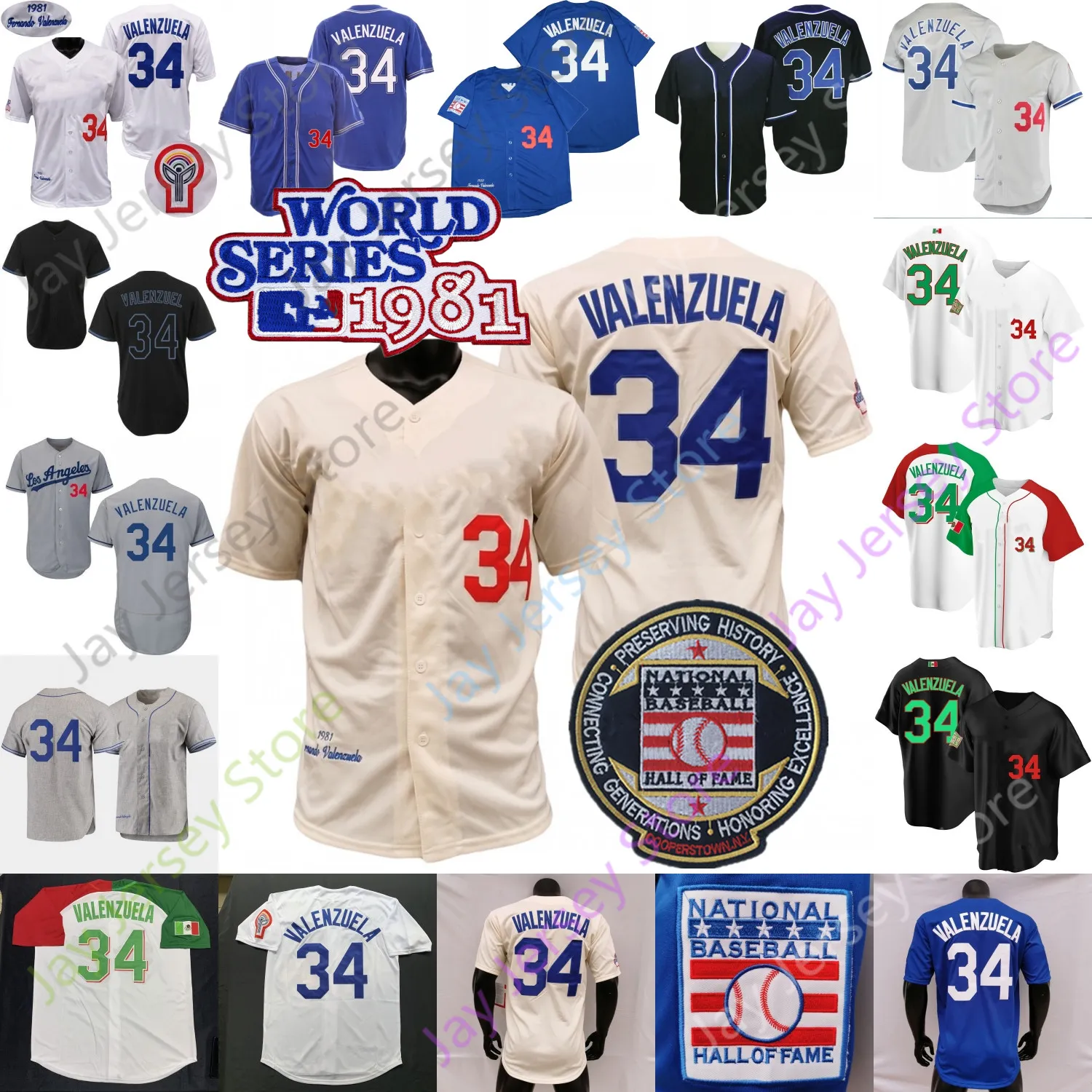 Fernando Valenzuela Jersey 1981 WS Patch Bleu Blanc Gris Crème Joueur Bleu Noir Mode Mexique Noir Mexique Blanc Salut au service