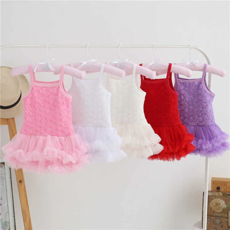 Katoen baby meisjes sling jurk met ruches rosset kant onesie tutu voor 1Y verjaardag baby peuters kleding outfit 210529