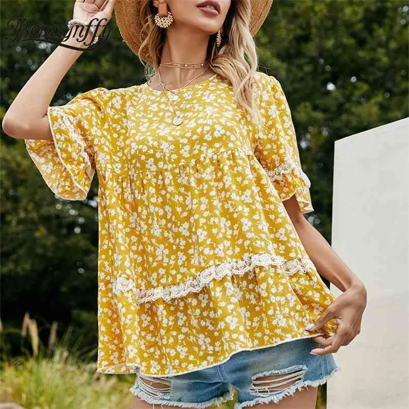 O-Neck Blommigryck Casual Loose Blouses Toppar Mode Kvinnor Sommar Boho Lace Patchwork Womens och 210510