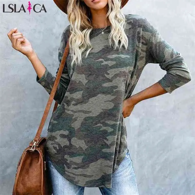 Vinter Kvinnor Blusar Långärmad O-Neck Camouflage Print Shirts Casual Wild Slim Toppar Streetwear Shirt 210515