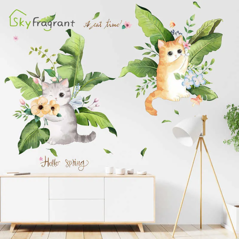 Nordic Simple Fresh Sticker Cute Cat Broadleaf Självhäftande klistermärken Sovrum Sängside Living Room Wall Home Decor