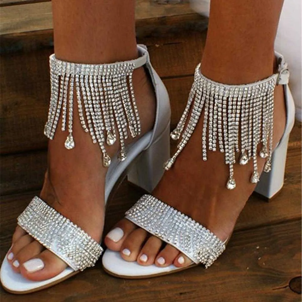 Lato Lato Strappy Sandały Chunky Block Obcasy Kryształowe Tassel Fringe Kostki Bridal Wedding Party Prom Night Club Buty Y0608