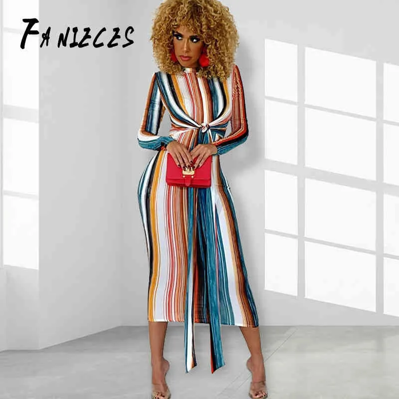 Summer autumn women midi long Sheath dress party bodycon Striped print dresses sexy plus size office lady clothes streetwear 210520