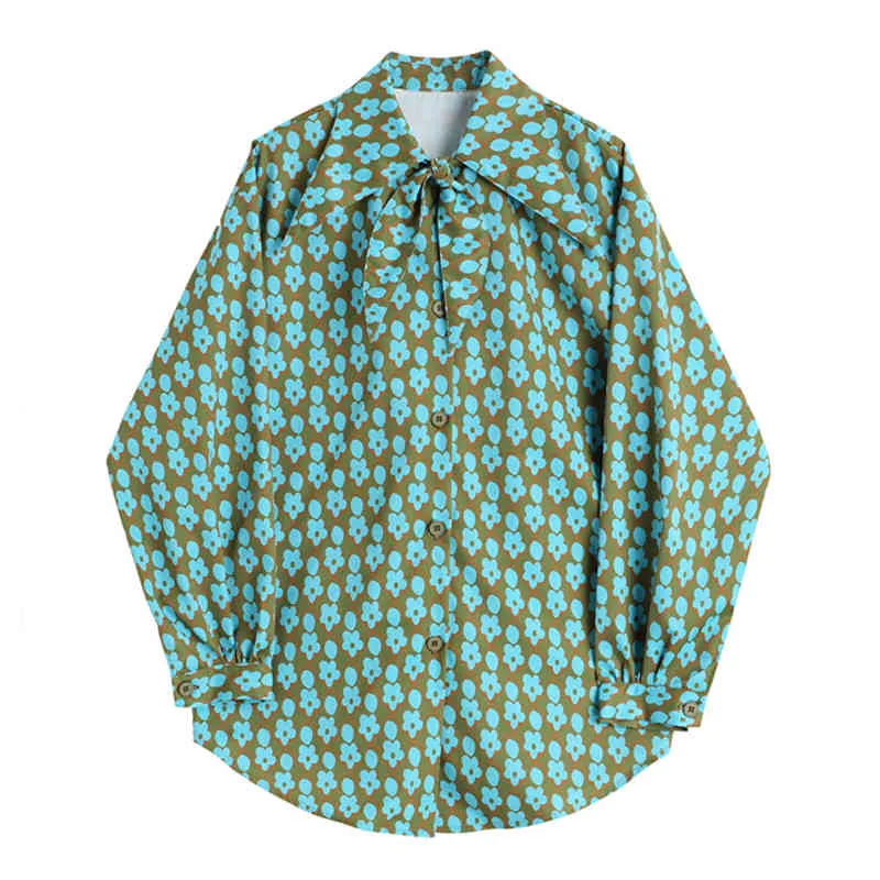 Женская цветочная печатная блузка мода осень повседневная свободная с длинным рукавом поворотный воротник рубашка женские элегантные кнопки топы 210417