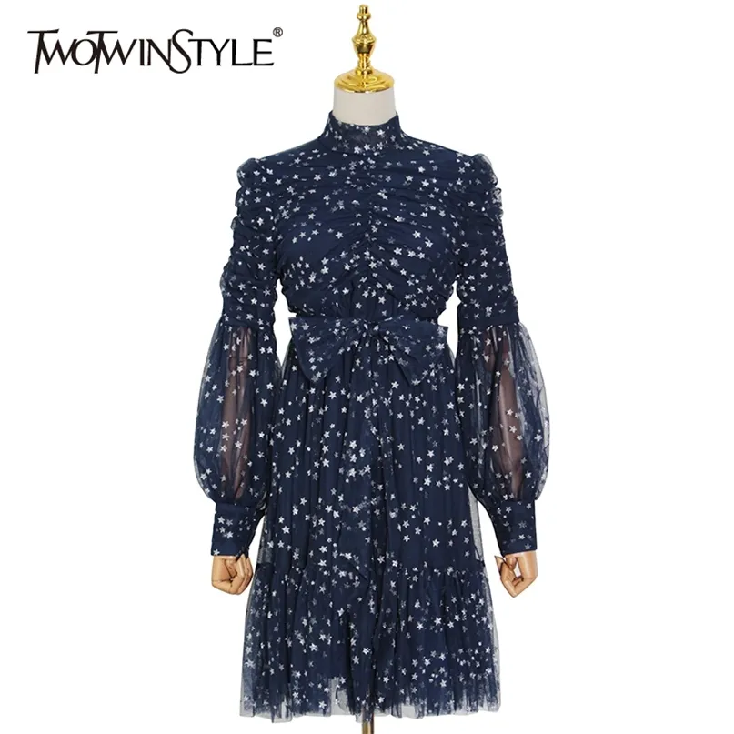 Elegant Mesh Dress For Women Stand Collar Patchwork Bowknot Long Sleeve Midi Dresses Female Summer Fashion 210520