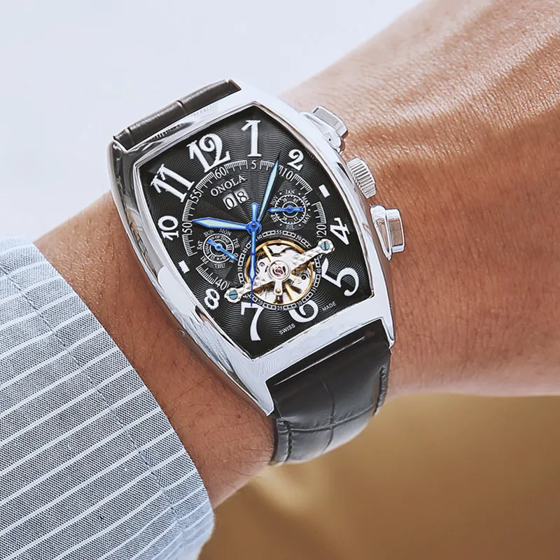 2022onola Marka Automatyczne Mechaniczne Mężczyźni Watch 2019 Moda Biznes Zegarek Unikalny Skórzany Pas Wysokiej Grad Gift Watch Men Box