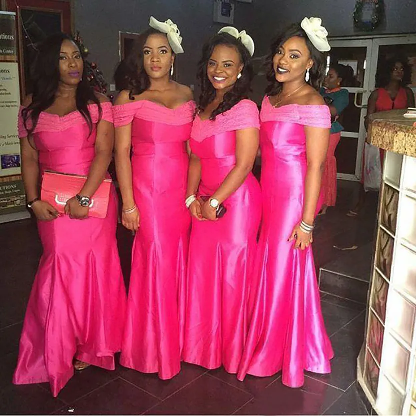 2021 African Off Shoulder Satin Mermaid Fuchsia Pink Bridesmaid Dresses With Lace Detailing Perfect For Weddings Parties And Formal Occasions From Verycute 37.6 DHgate.Com