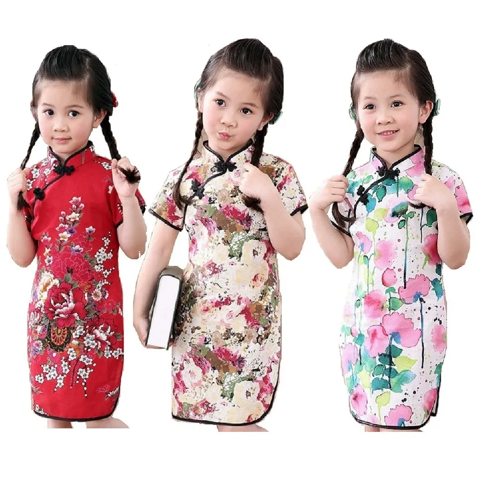 Floral Bébé Filles Chi-Pao Robe Vêtements Nouvel An Chinois Qipao Robes Mode Enfants Princesse Pettiskirts Enfant Cheongsam 210413