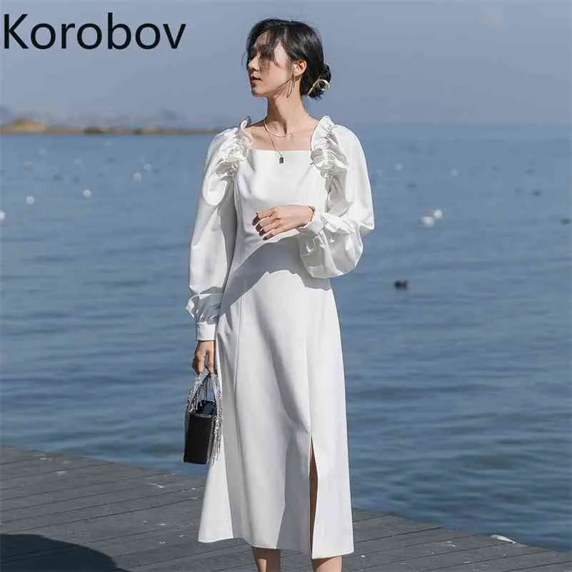 Korobov Koreansk Elegant Vår Sommar Nya Kvinnor Klänning Vintage Pärlor Ruffles Puff Sleeve Klänningar Kvinna Lång Klänning 210430