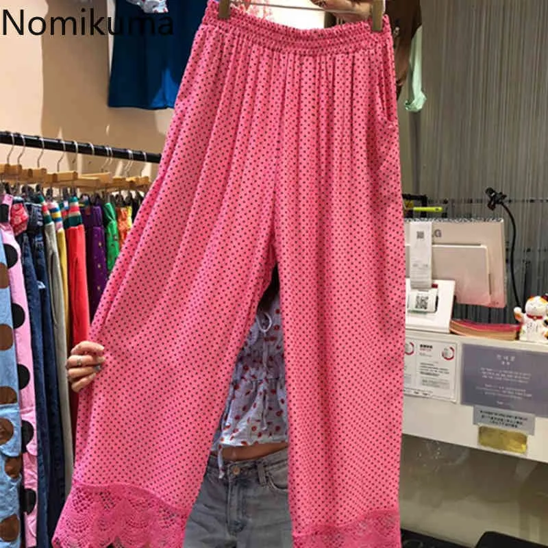 Nomikuma Lace Patchwork Wide Leg Pants Women Stretch High Waist Casual Loose Polka Dot Trousers Female Chic Pantalones Femme 210514