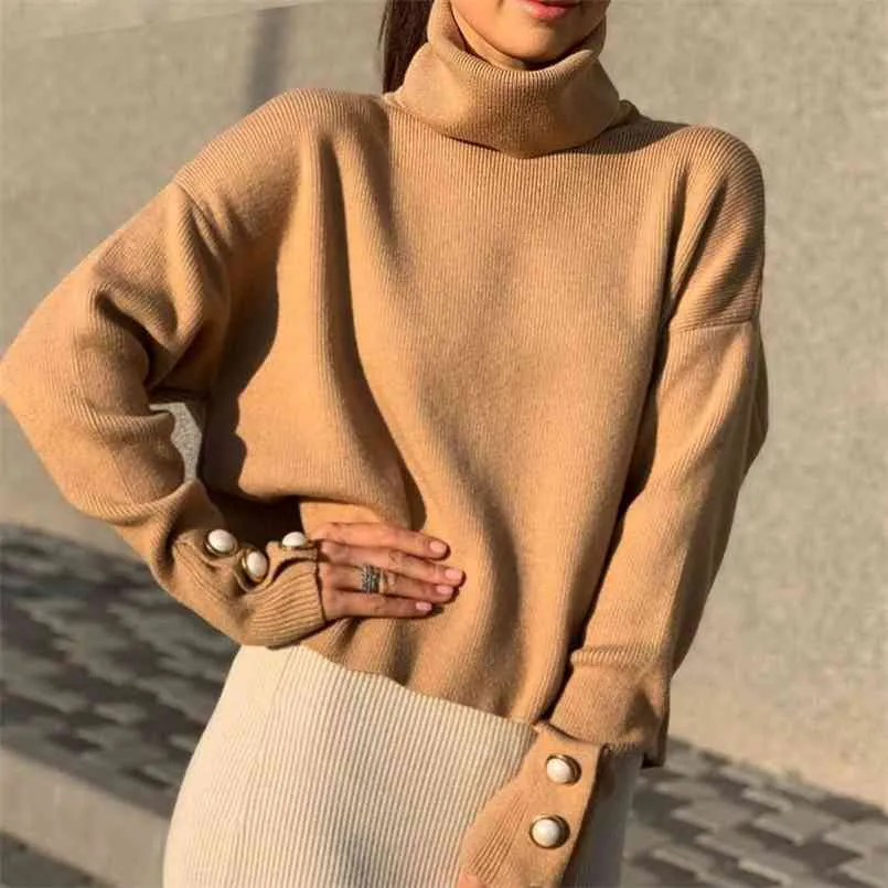 Automne hiver col roulé femme chandails haut couleur pure revers tricoté mode décontracté chaud pull pull femmes complet 210508