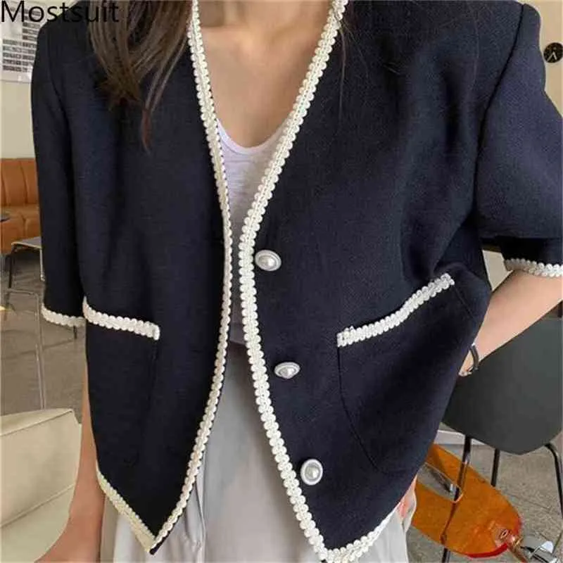 Autunno coreano vintage elegante donna cappotti giacche manica corta monopetto con scollo a V top moda donna 210513