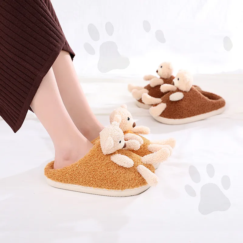 Winter Slippers Cartoon Cute Bear for Ladies Fluffy Household Sandals for Indoor Use Non-Slip Warm Cotton Shoes