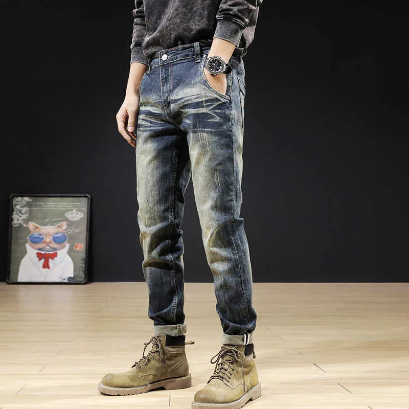 Mode streetwear män jeans högkvalitativa elastiska bomull rippade denim punk byxor retro blå vintage designer smala långa byxor