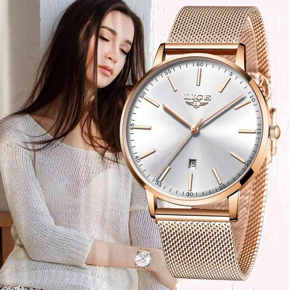 Lige Luxury Date Watch Kvinnor Vattentät Rose Gold Mesh Belt Ladies Armbands Klockor Top Brand Bracelet Clock Relogio Feminino 2020