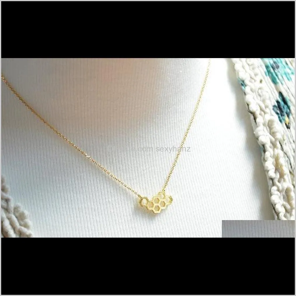 10pcs- n046 gold silver honey comb bee hive necklace cute honeycomb necklace beehive necklaces hexagon necklace